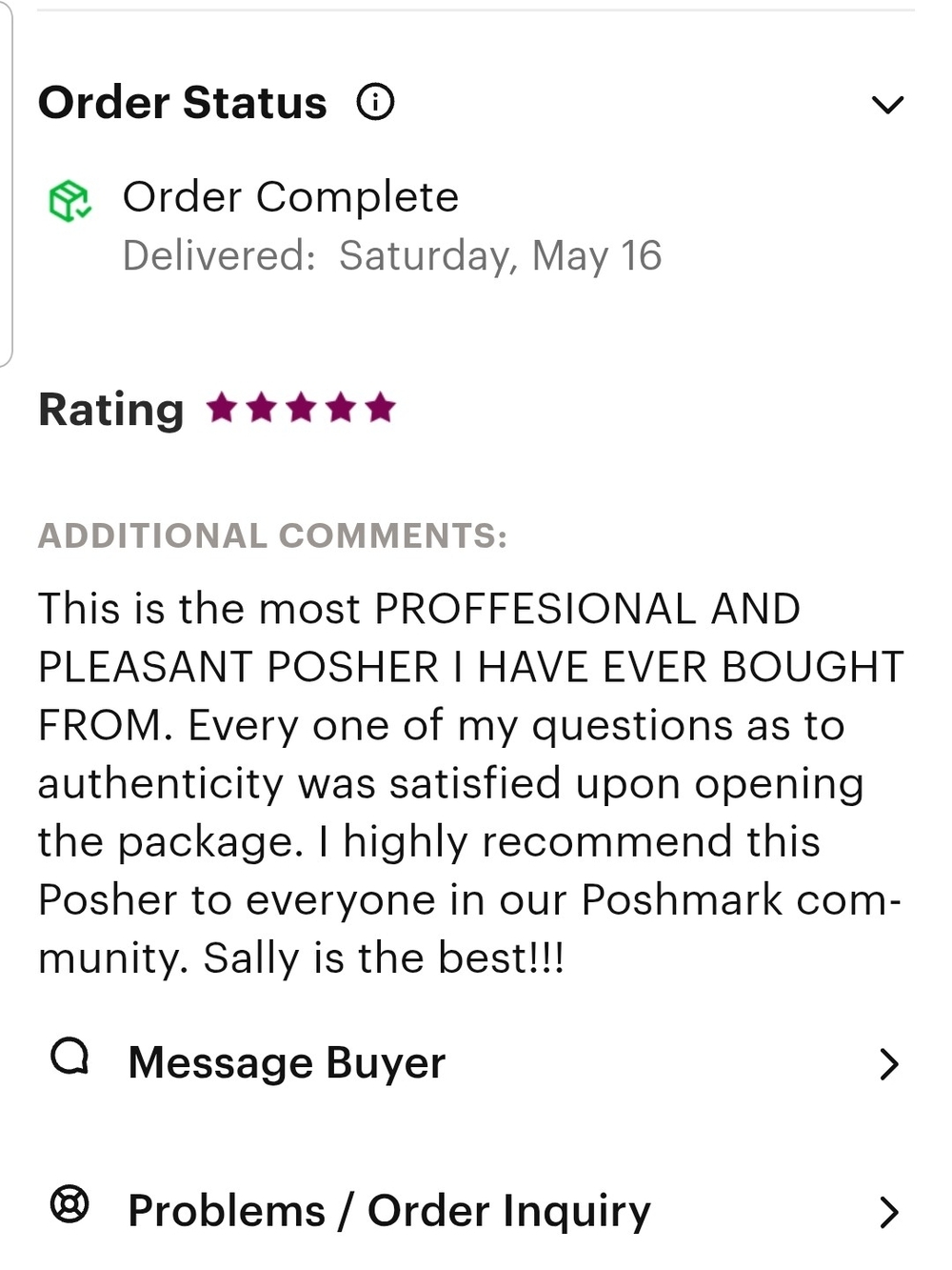 Customer Review Screenshot - Order Complete & 5-Star Rating